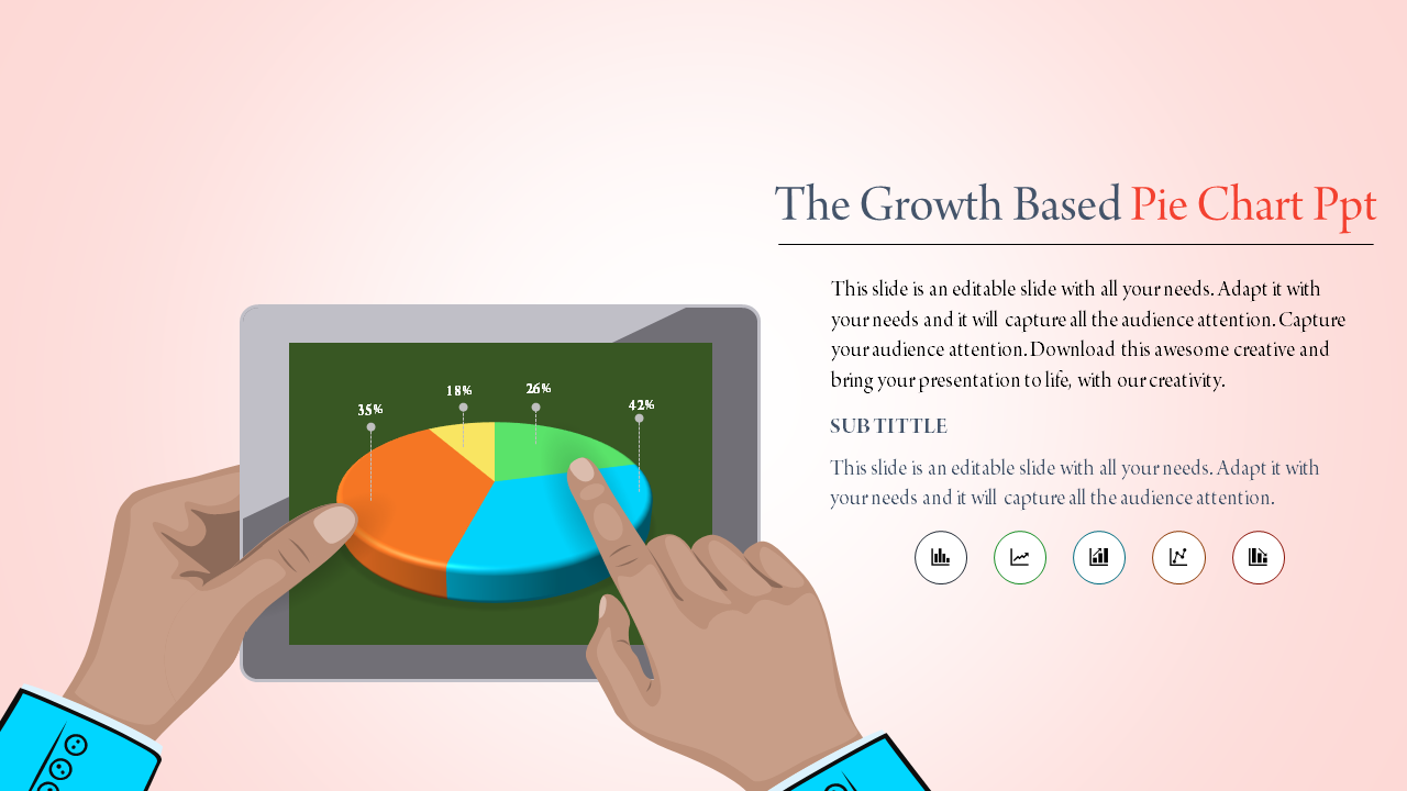 Pie chart PowerPoint template titled Showing a colorful pie chart on a tablet with icons.
