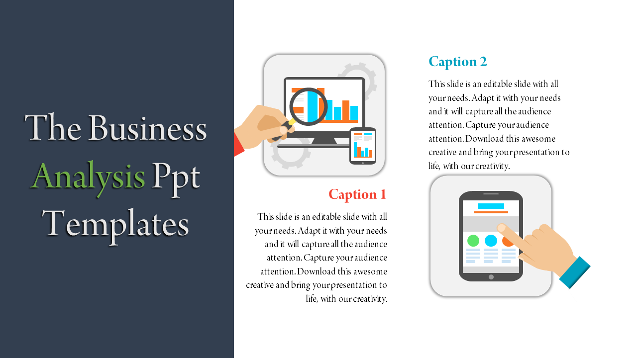 Split layout with dark blue left panel and business graphics on the right, showing a bar chart and mobile screen.