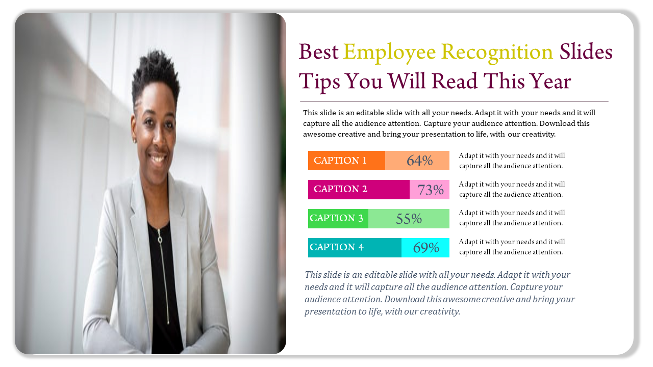 Professional employee recognition slide featuring a smiling individual and performance metrics with colorful captions.