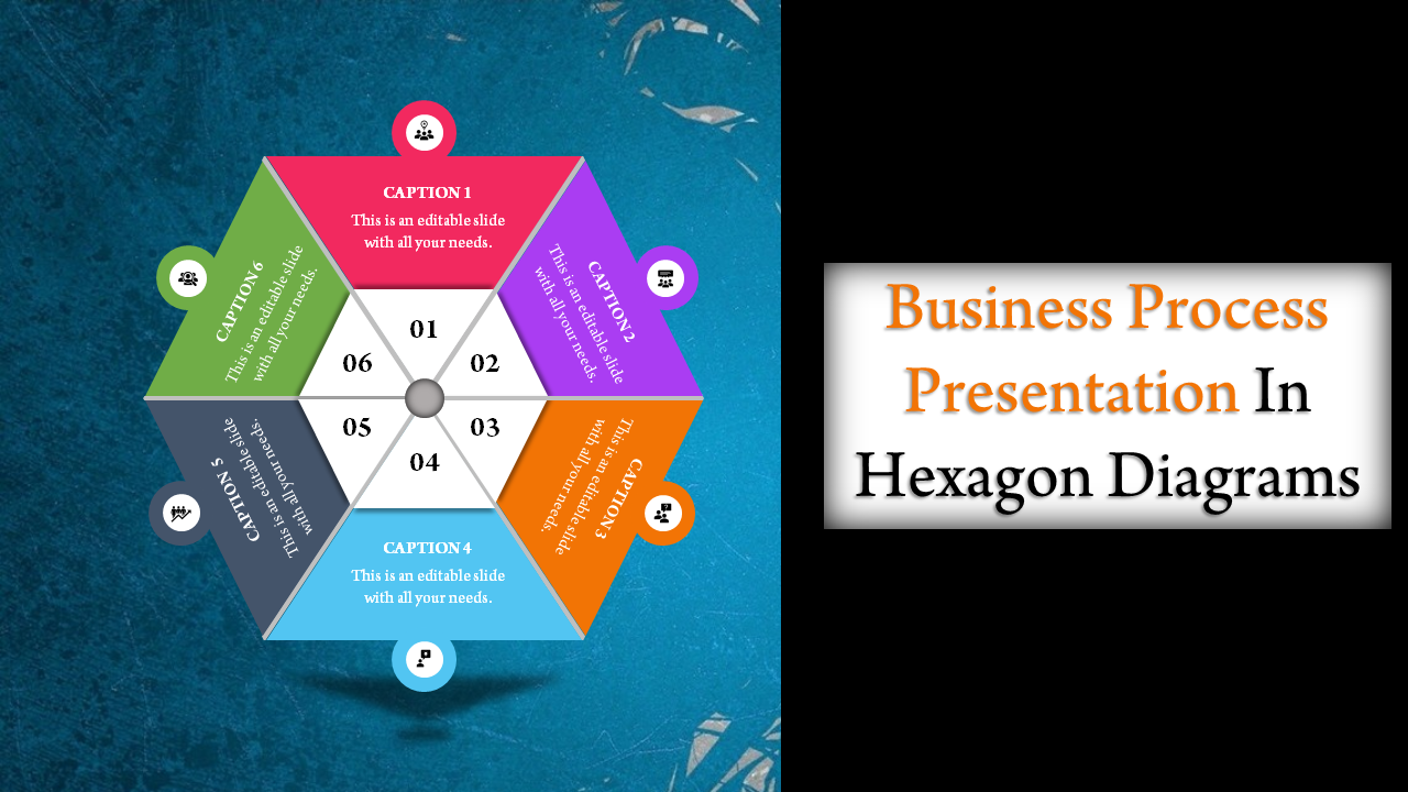 Hexagon diagram with colorful segments on a blue background, showing captions and icons, and title on a black sidebar.