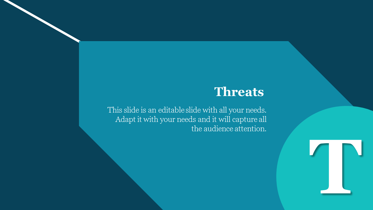 Geometric slide design with a blue theme, featuring a bold title and a large T in a teal circular shape.
