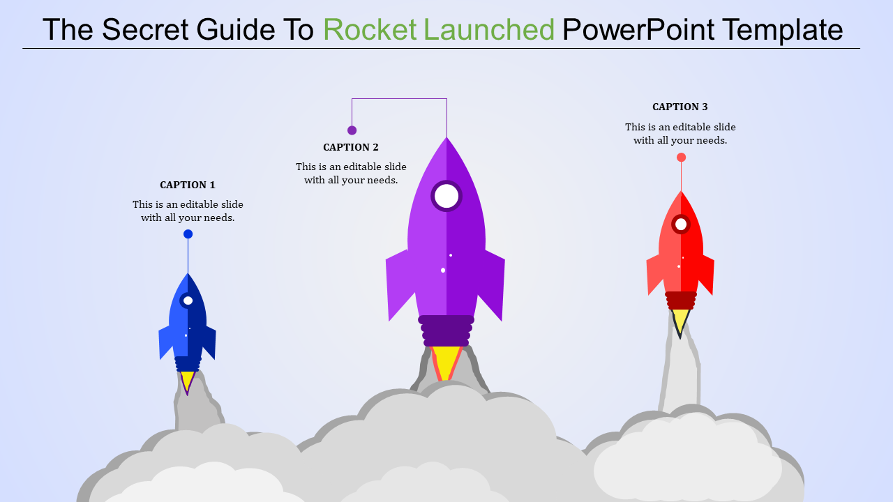 Three colorful rockets in blue, purple, and red launching upward with clouds at the base on a light blue background.