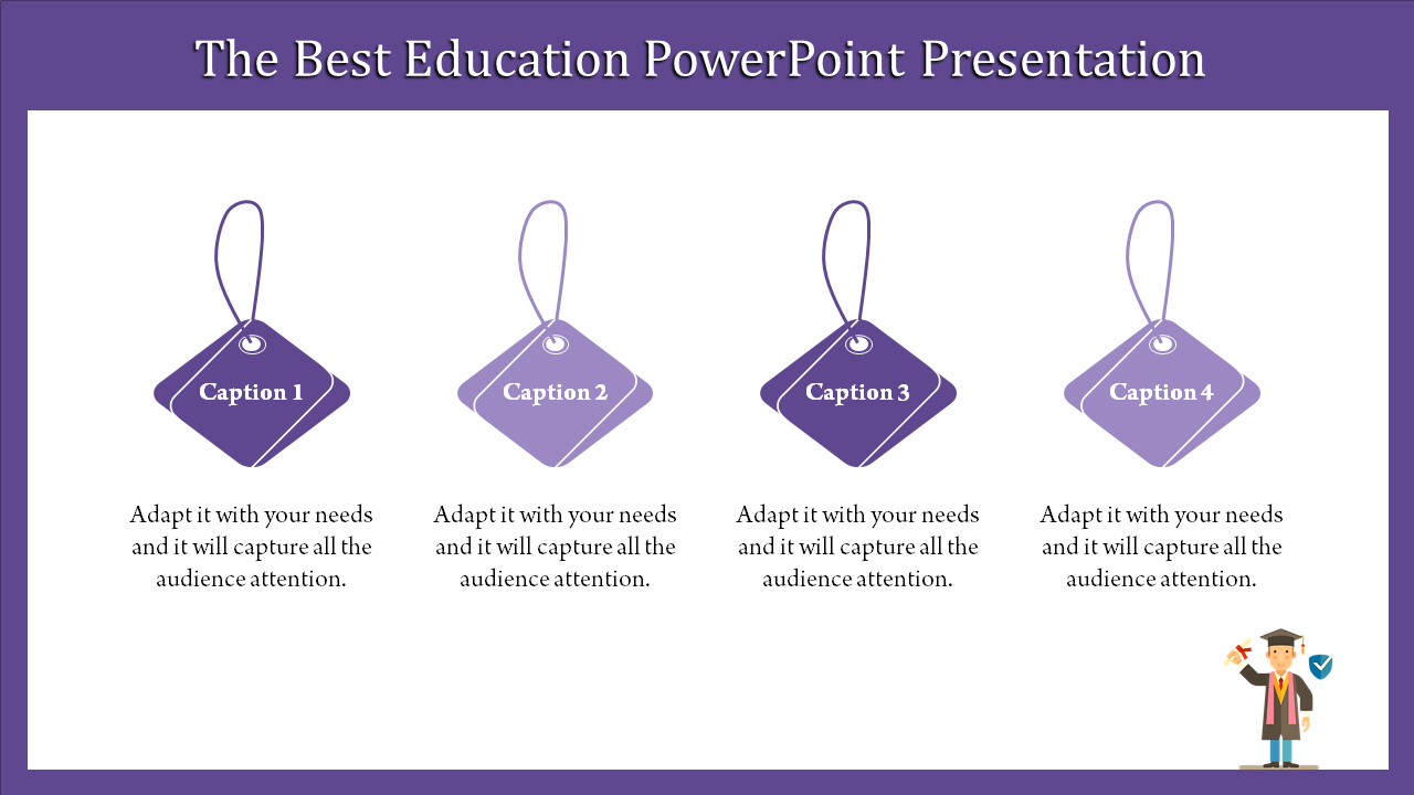 Purple themed education slide with hanging tags labeled Caption 1 to 4, featuring a cartoon graduate icon.