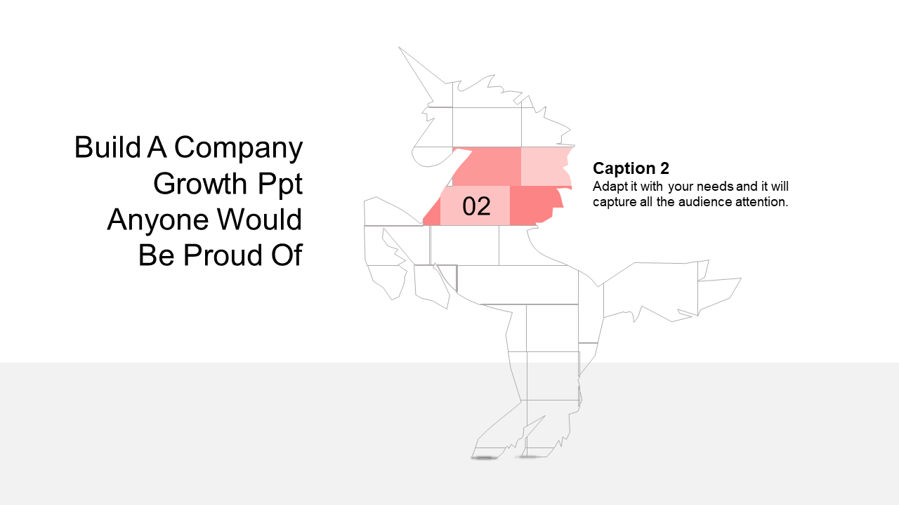Company growth PowerPoint slide showing a unicorn with a numbered growth path and a caption text.