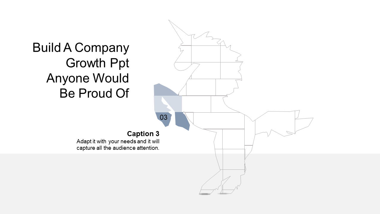 Company growth PPT template featuring a segmented unicorn illustration with a highlighted section and placeholder text.
