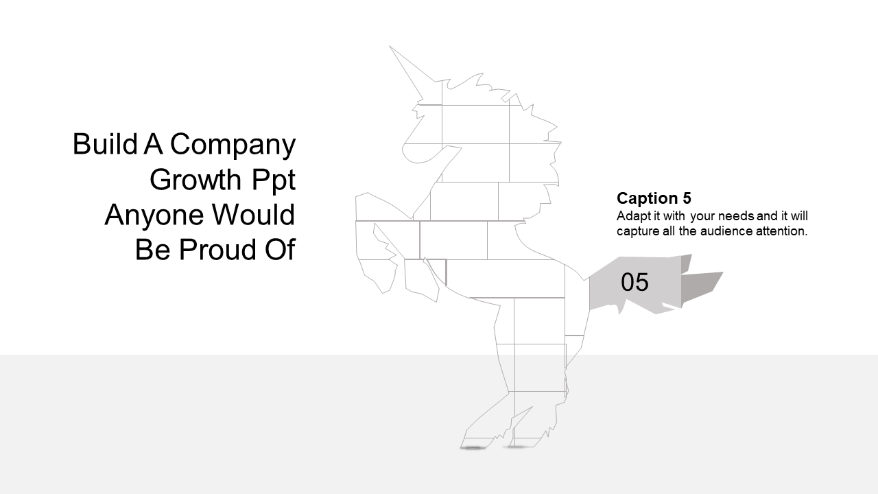 Company growth PowerPoint slide showing a unicorn with progress steps and a caption text.