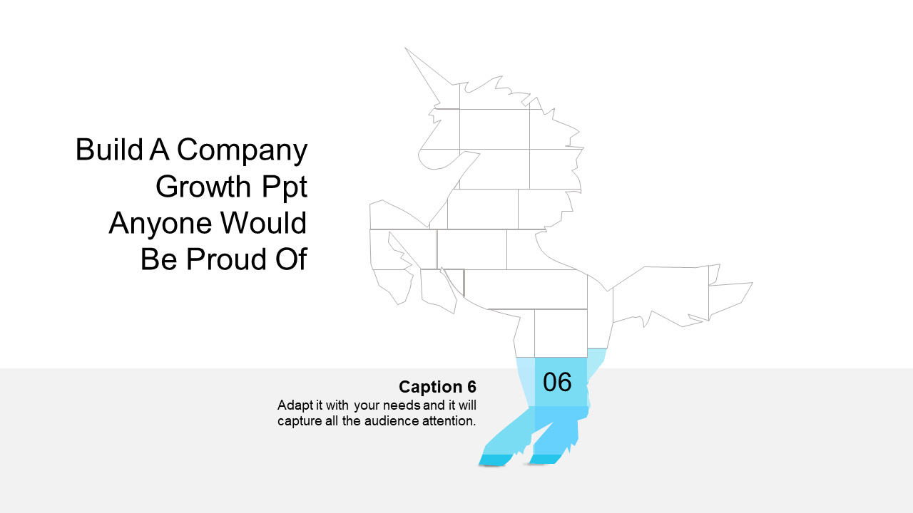 Company growth PowerPoint slide showcasing a segmented unicorn graphic with the highlighted section and placeholder text.