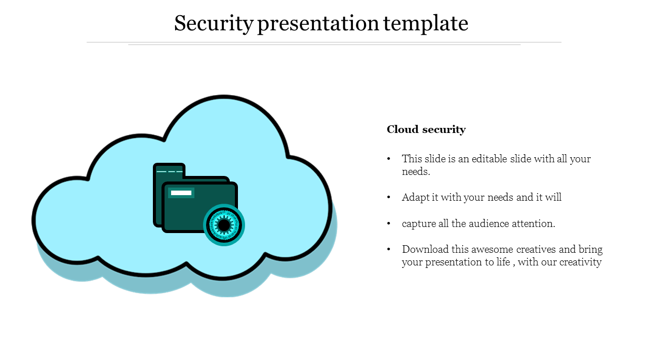 Security presentation template featuring a cloud icon with a folder and a lock symbol, emphasizing cloud security concepts.