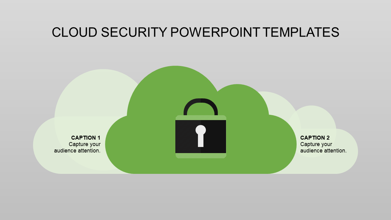 Security slide with green cloud graphic, featuring black lock icon, and two caption sections on a gradient background.