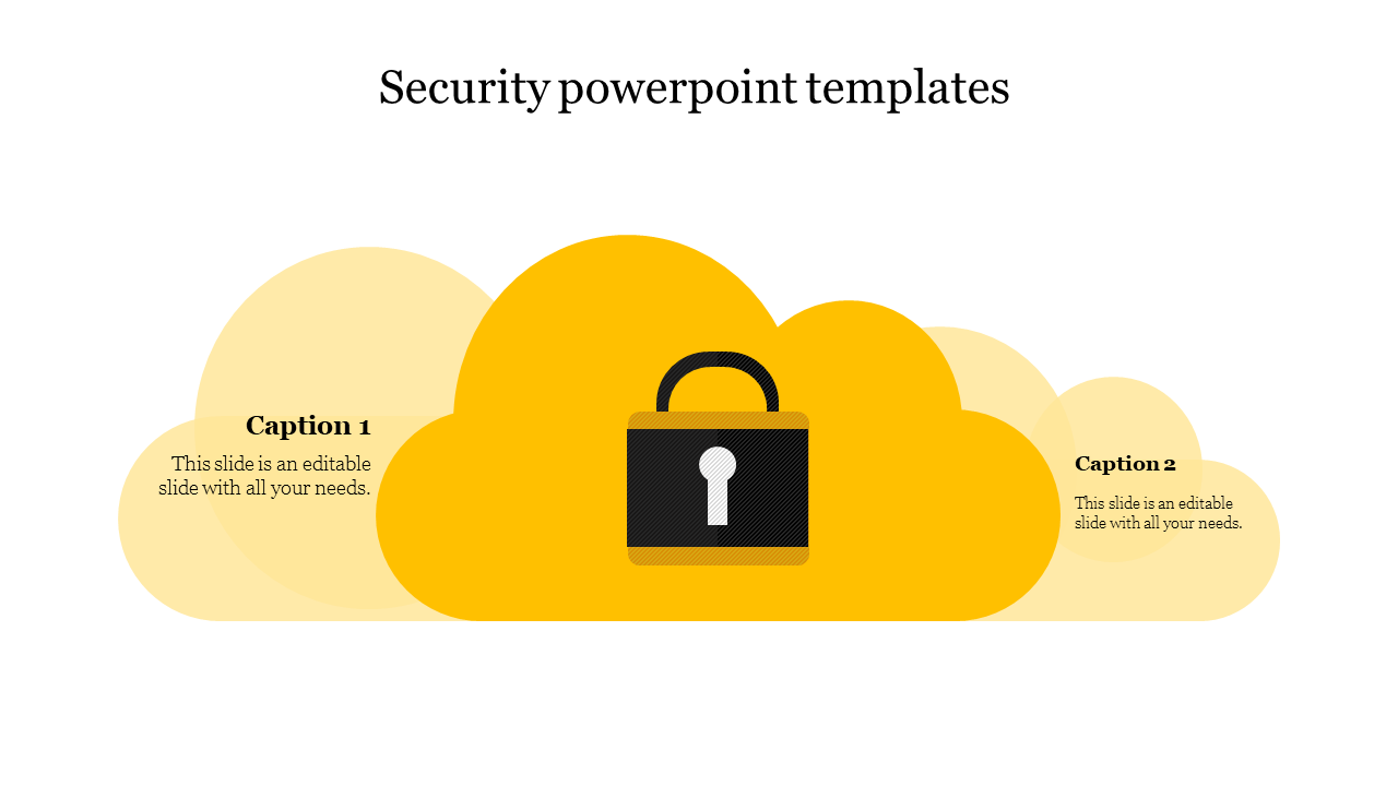 Security PowerPoint template with yellow cloud icons and a central padlock, symbolizing data protection with captions.
