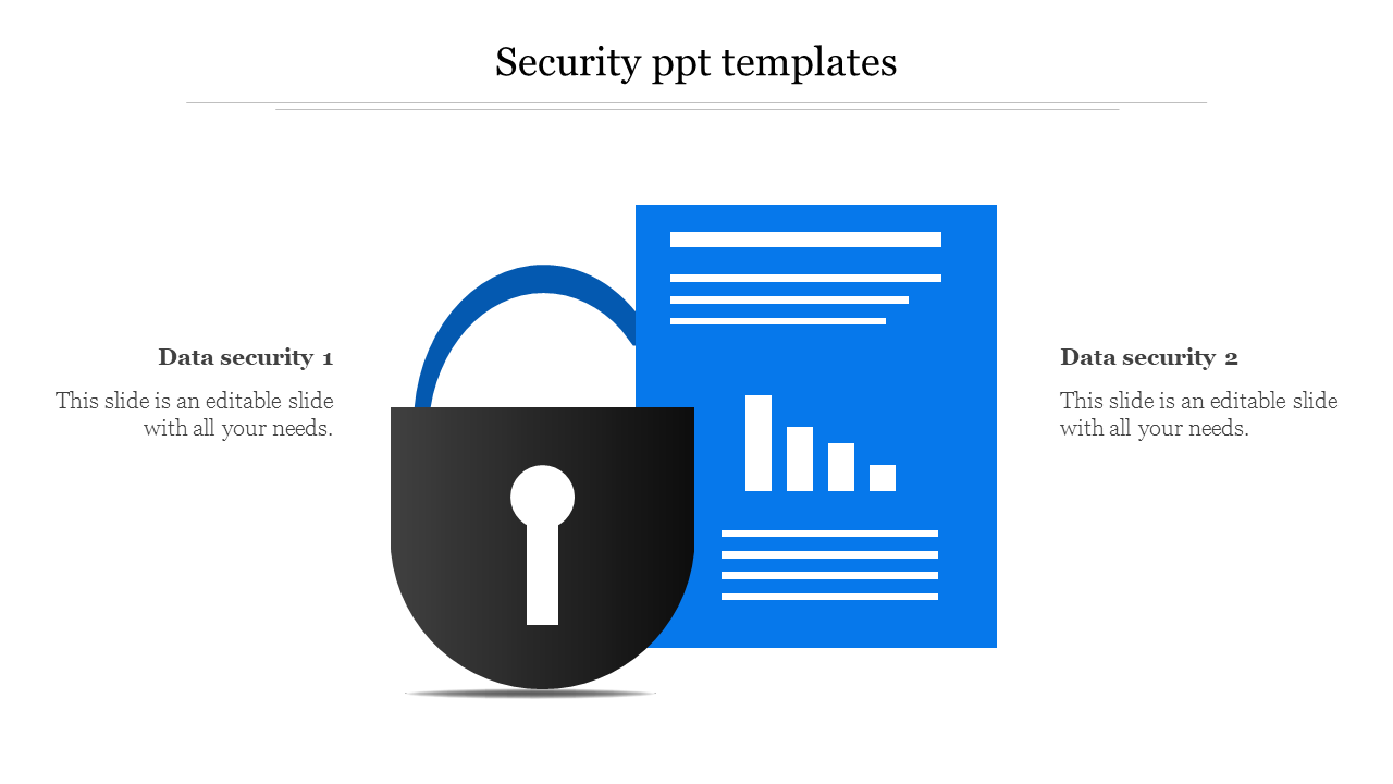 Slide with a black lock icon and a blue document, flanked by two text sections, on a white background.