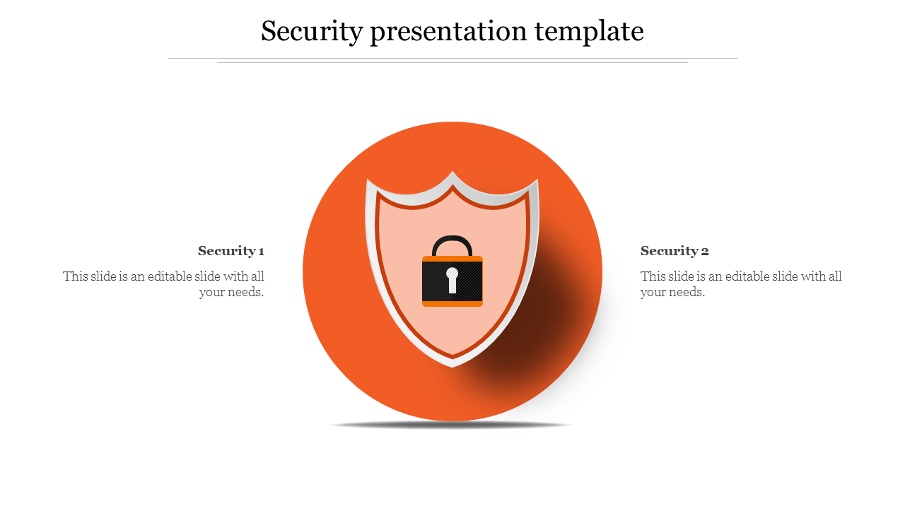 Security themed slide with an orange shield icon featuring a lock, centered between two captions, on a white background.