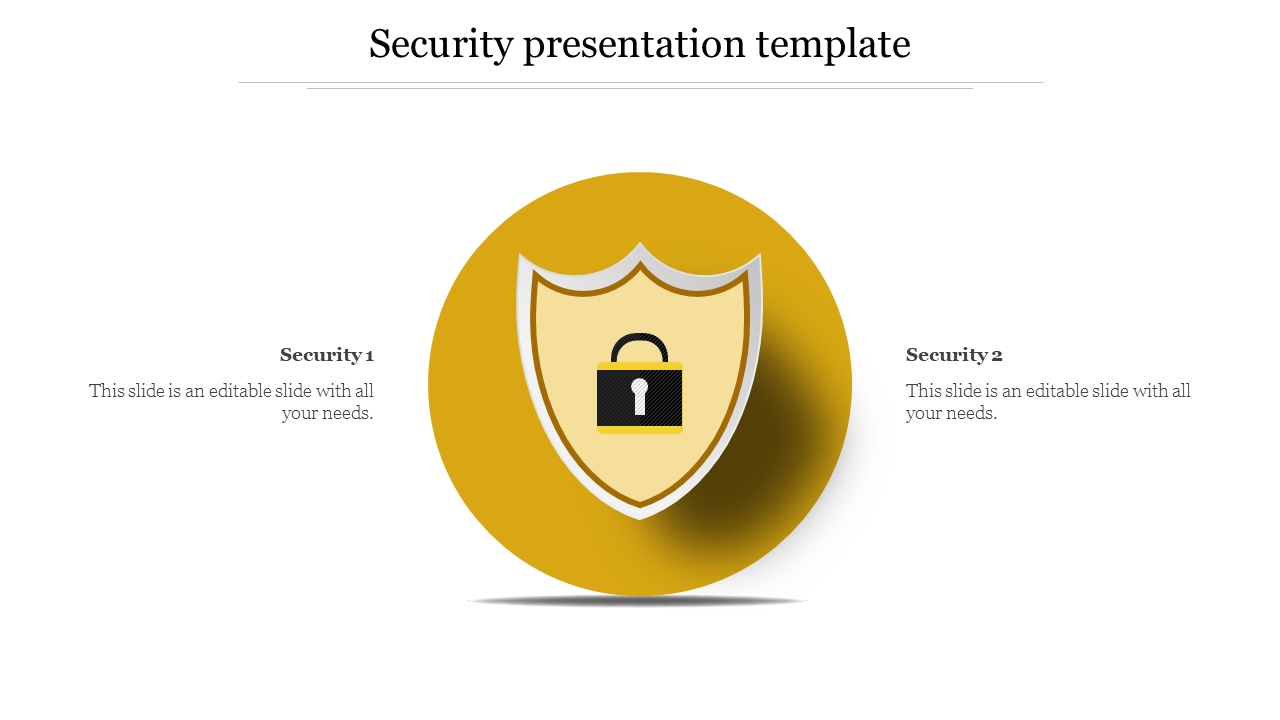 Security presentation template features a gold shield icon with a black padlock and text sections.