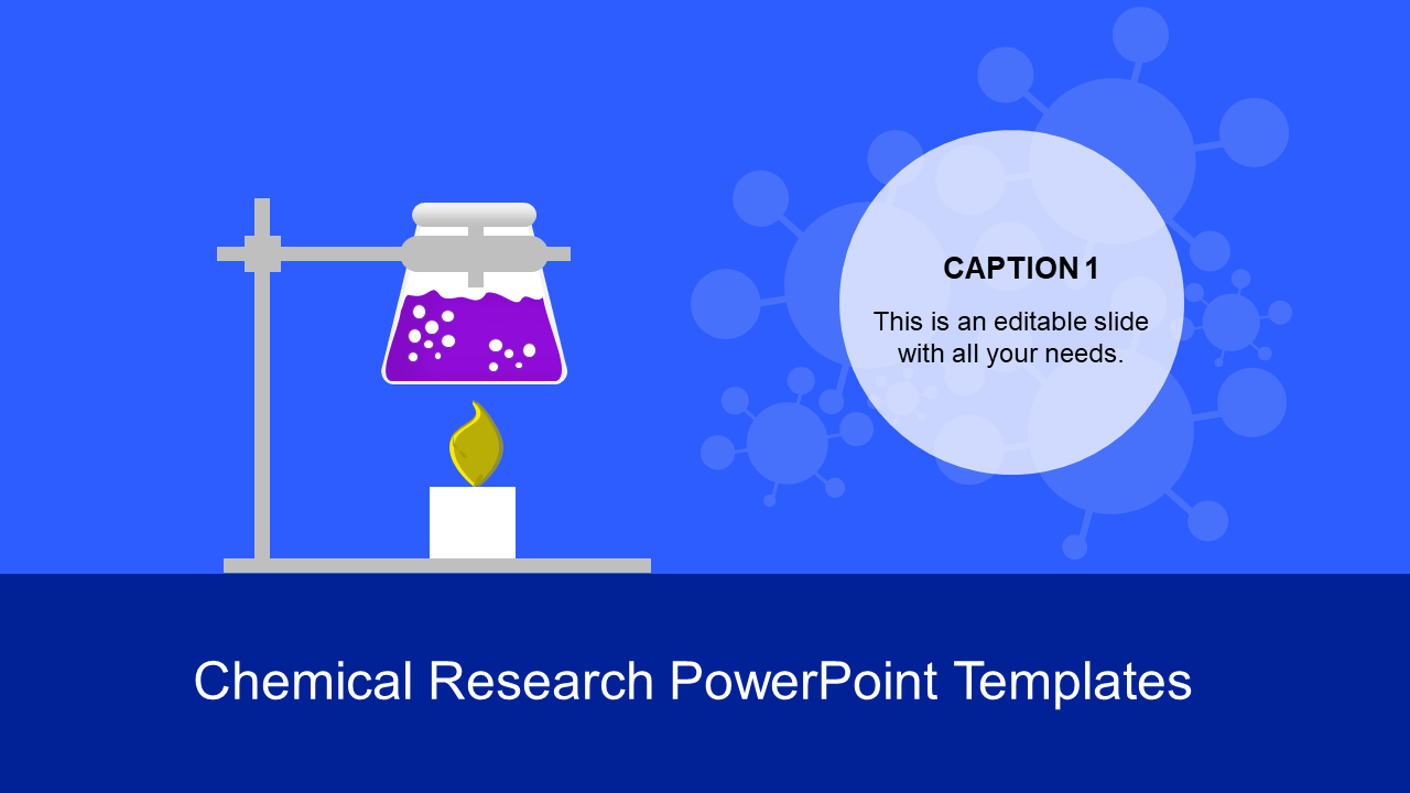 Blue themed chemical research PowerPoint slide with a beaker, flame, and text caption.