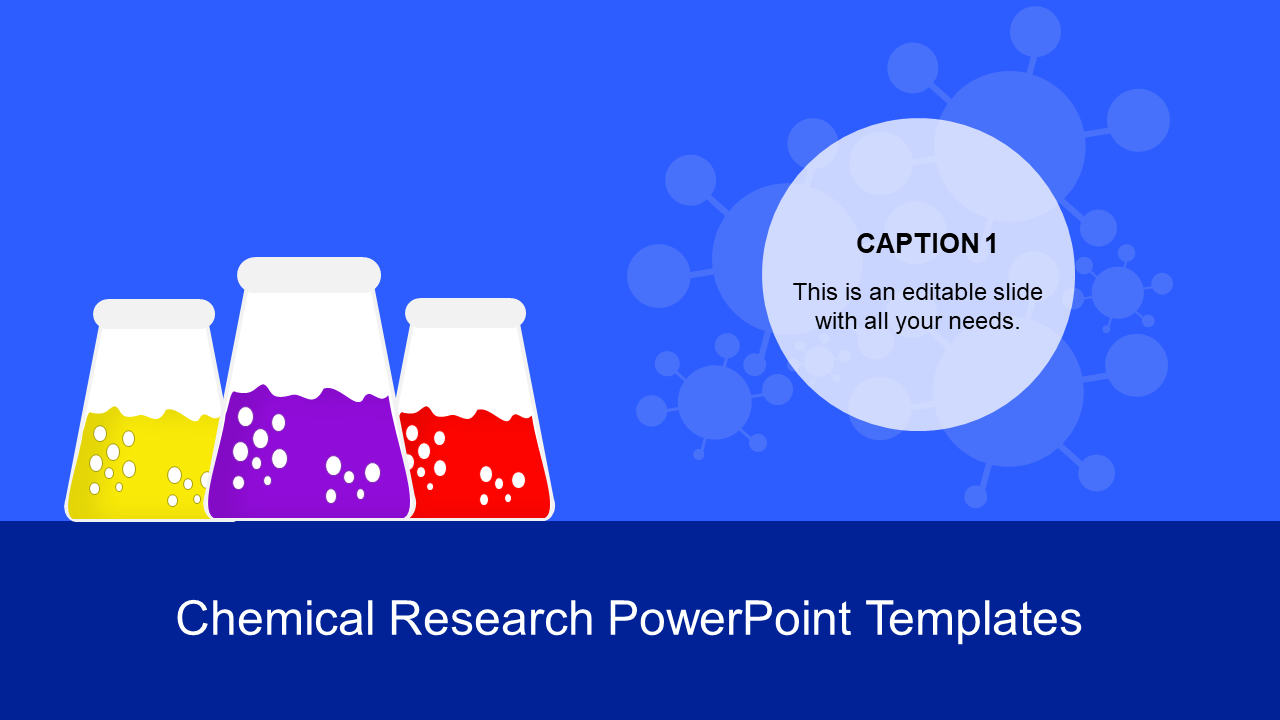 Chemical research slide with three colorful flasks containing yellow, purple, and red liquids on a blue background.