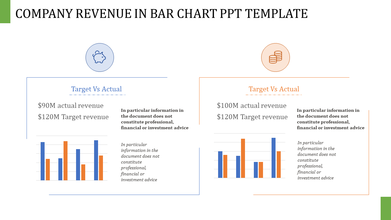Revenue comparison slide with target and actual data displayed in bar charts and financial icons in blue and orange.