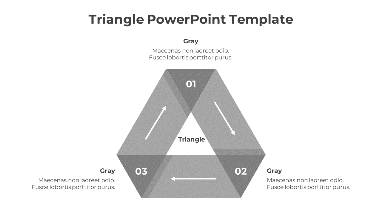 PowerPoint slide with a grey triangle divided into three parts, labeled 01, 02, and 03, with arrows between them.