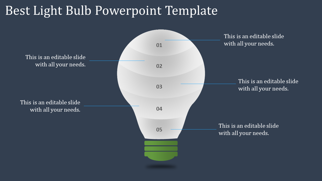 Slide featuring a segmented light bulb graphic with numbers 01 to 05, each linked to captions areas on a dark background.