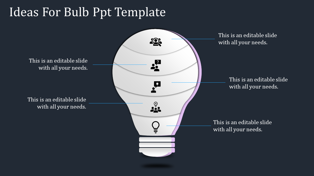 Five layered white bulb graphic on a dark background with icons and text pointing to each segment, representing ideas.