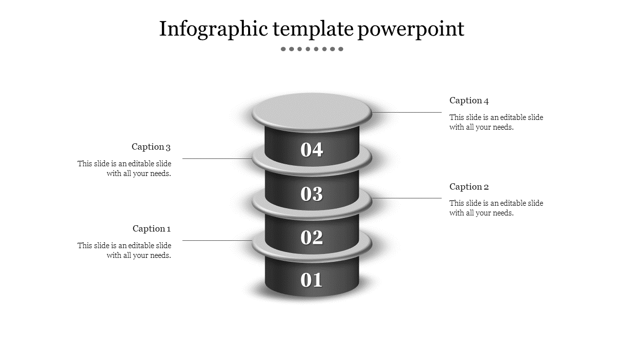 Infographic PPT template with a grey stacked design featuring four sections labeled 01 to 04 with captions.