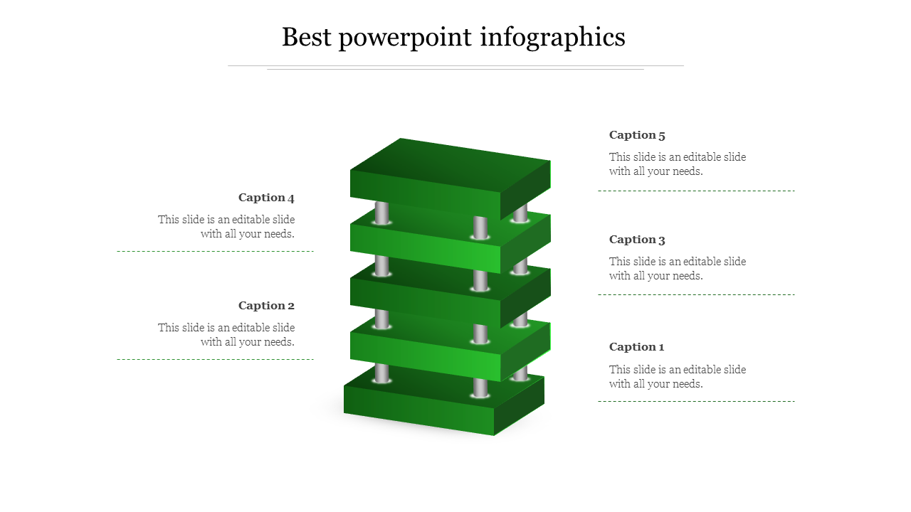 Five green stacked 3D infographic with metal connectors, featuring captions aligned on both sides.