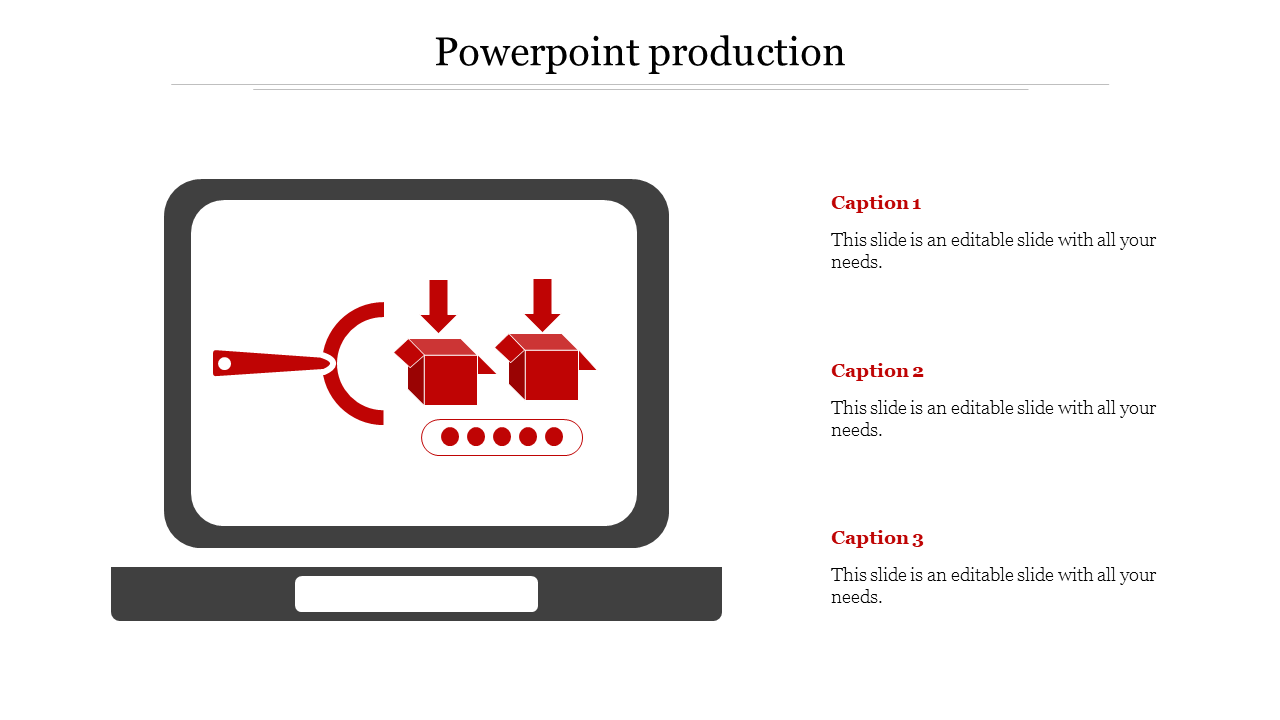 Business infographic featuring a laptop illustration with icons for process analysis and production workflow.