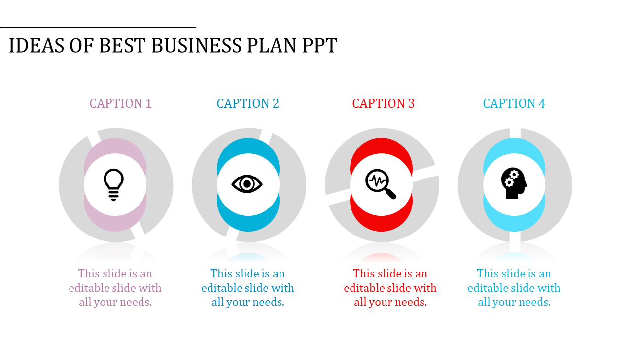 Slide with four circular infographic elements, each with a unique icon and caption in pastel and bold colors.