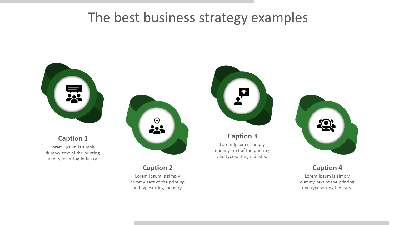 Business strategy PowerPoint template with four green icons representing different stages and numbered captions.