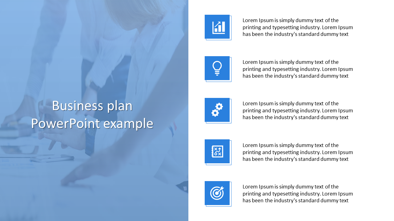 Business plan slide with various icons like a graph, lightbulb, gear, and target against a professional office background.