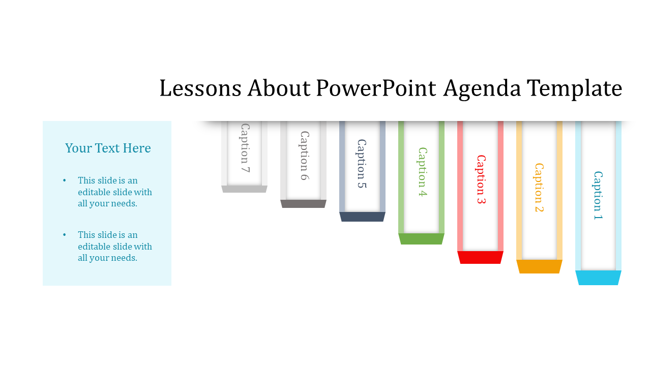 Agenda PPT slide with labeled sections and colorful tabs to organize content for a clear presentation flow with captions.