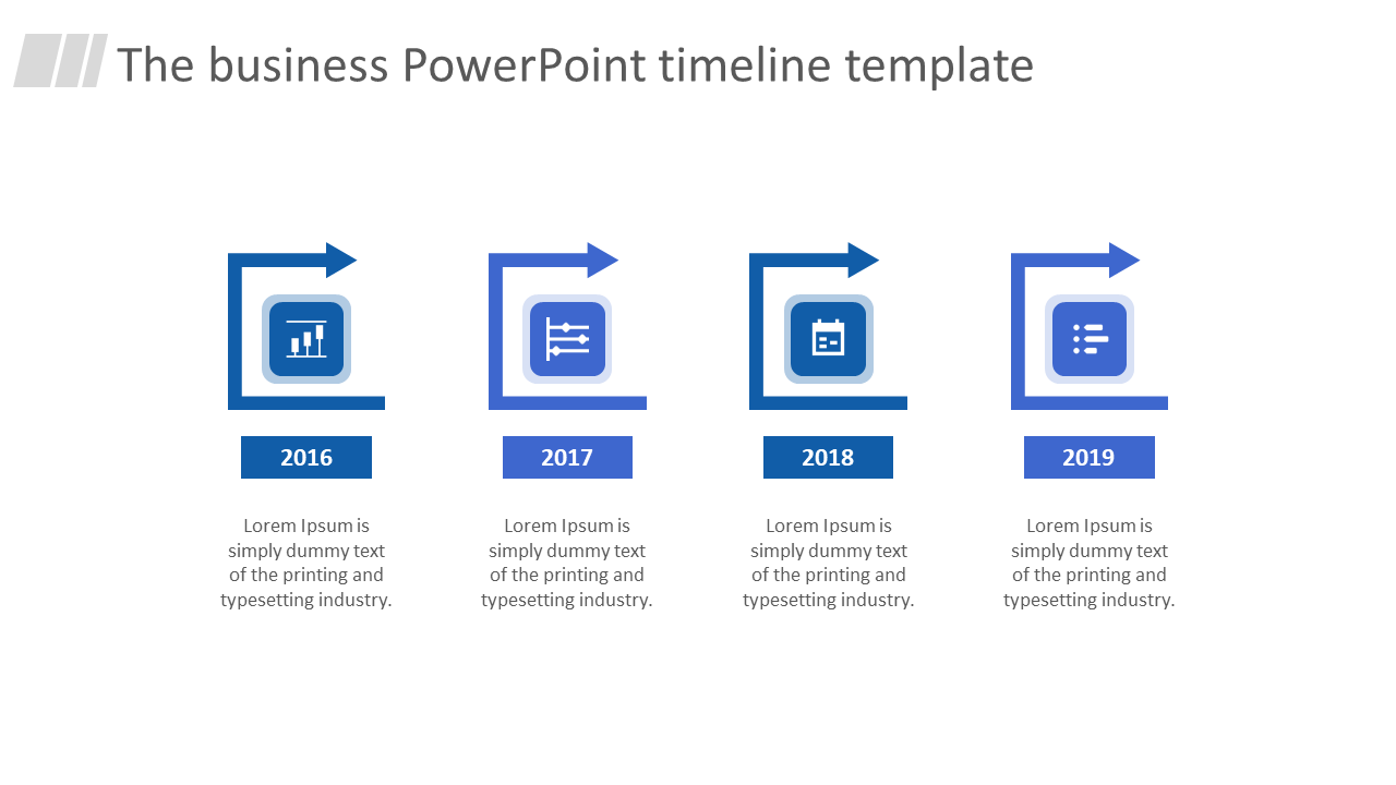 Timeline template with blue icons, arrows, and years from 2016 to 2019, arranged in a horizontal sequence.