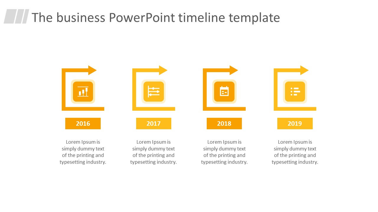 Yellow themed timeline with four events, each containing an icon, arrow design, and placeholder text.