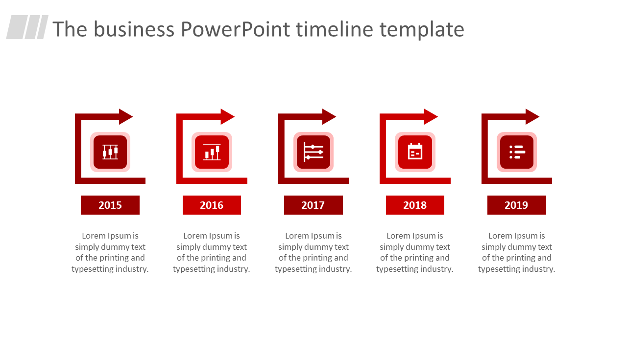 Timeline PPT template with arrows pointing from 2015 to 2019, each year marked with a red icon and description.