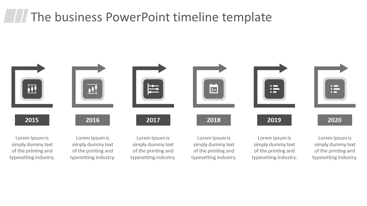 Business timeline template with gray icons, arrows, and years from 2015 to 2020, arranged in a horizontal sequence.