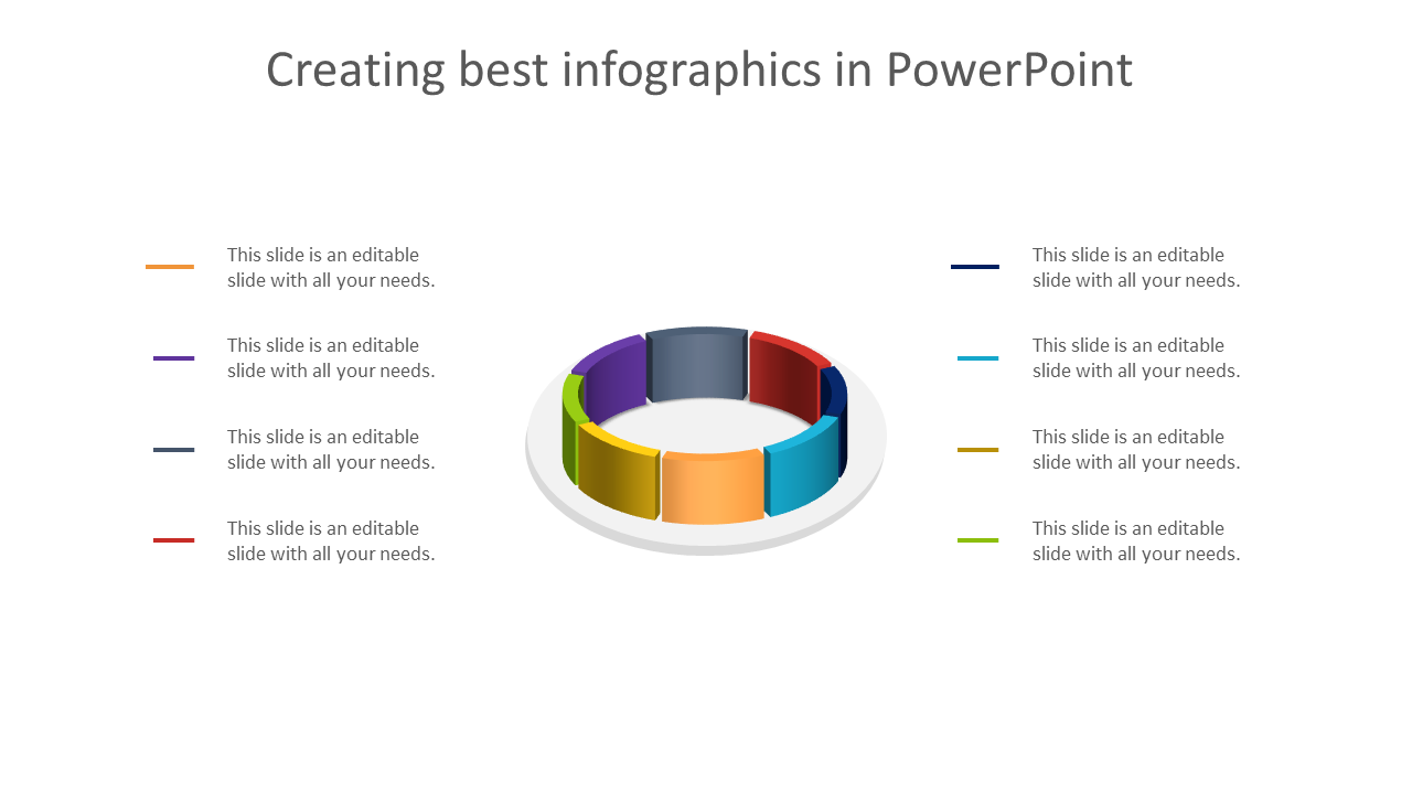 3D circular infographic in multiple colors, surrounded by text entries aligned on both sides, on a white background.