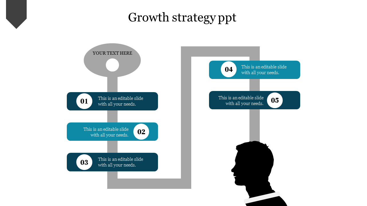 Growth strategy slide featuring a gray key path with five numbered dark teal boxes for text placeholders.