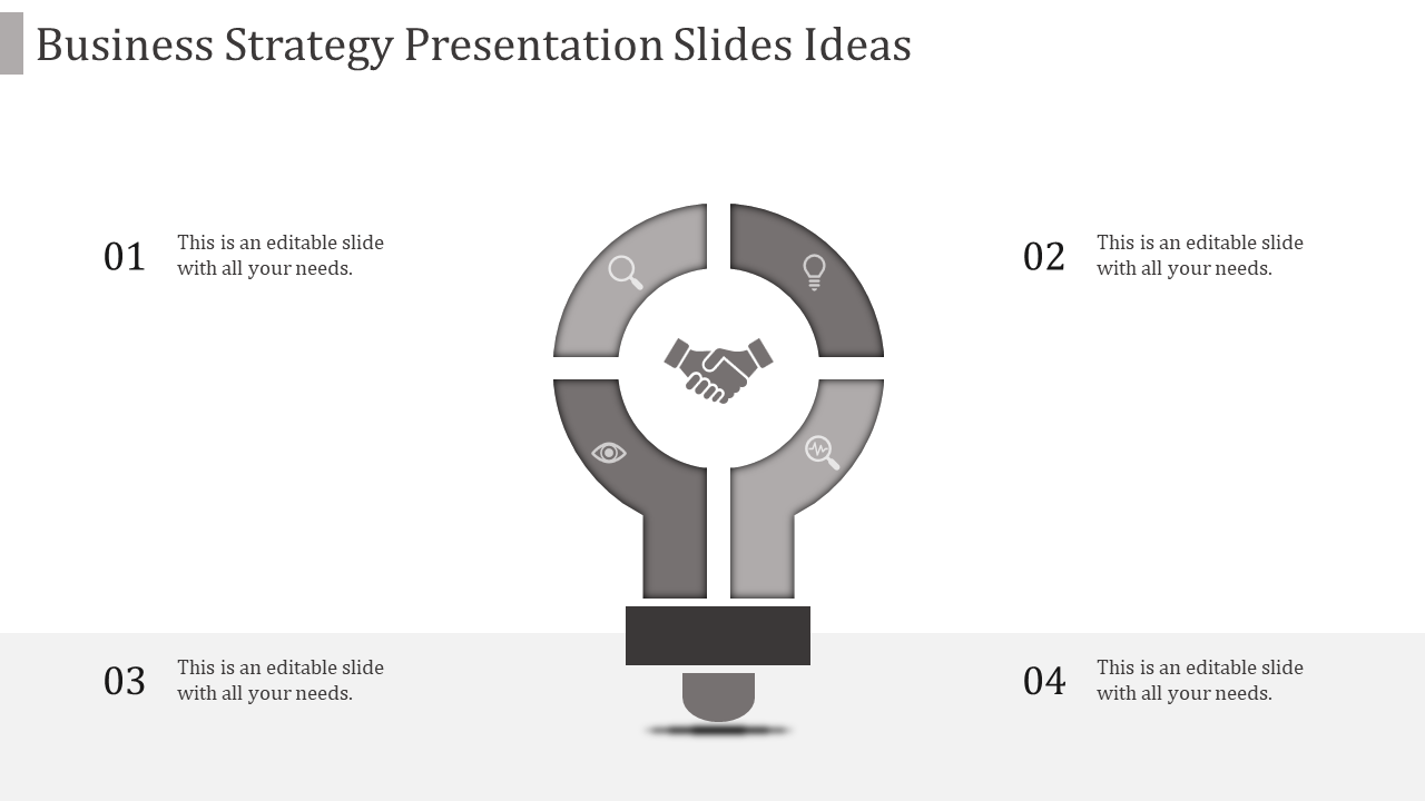 Business strategy presentation slide with four sections inside a lightbulb design with placeholder text.