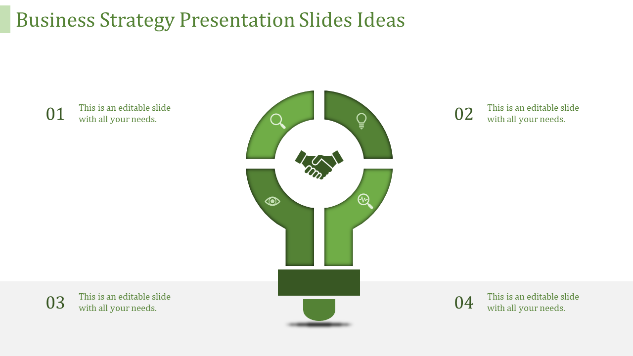 Business strategy bulb infographic with four segmented green sections and icons around a handshake.