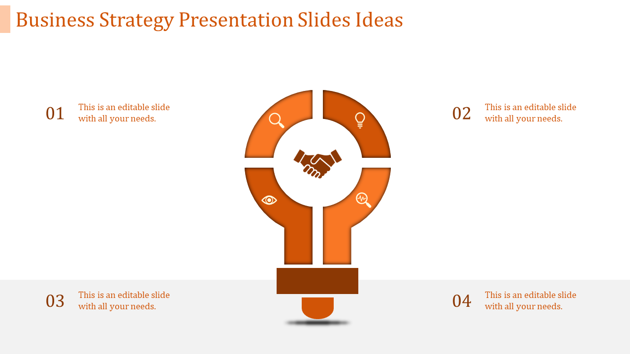 Business strategy presentation ideas with four steps in a lightbulb shape with placeholder text.