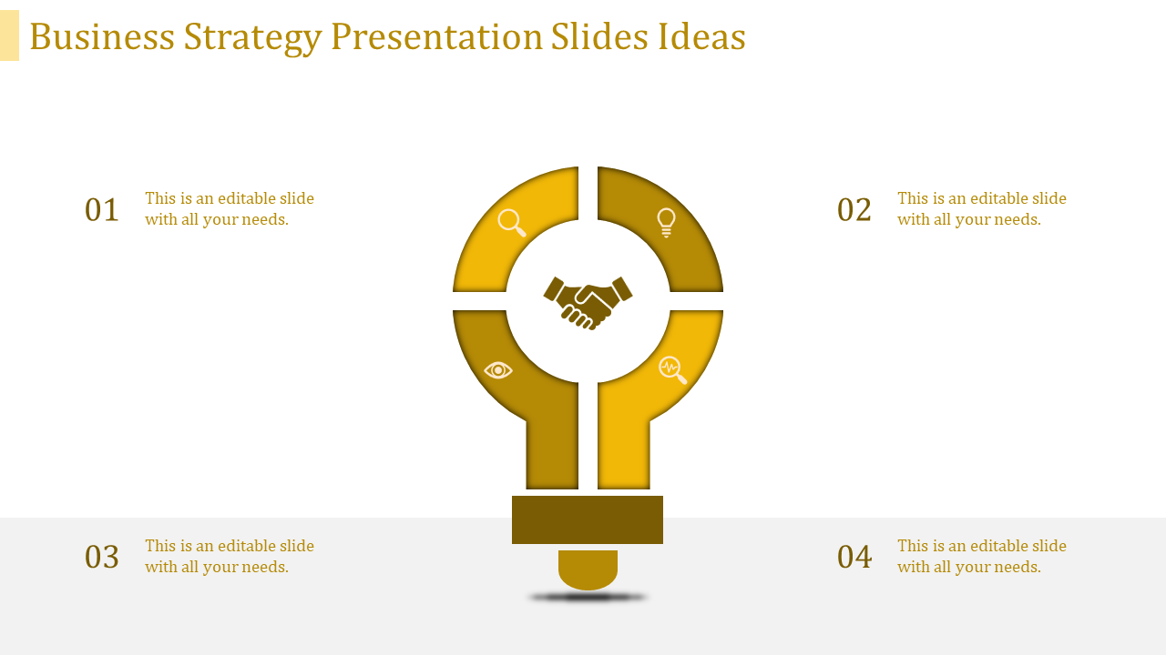 Business strategy infographic with a yellow bulb divided into four parts and a central handshake graphic.