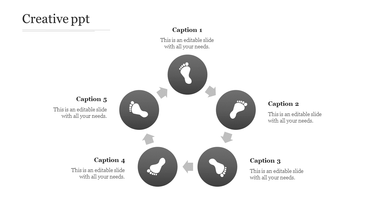 Creative PowerPoint template with gray circular footprints arranged in a circle with arrows and captions.
