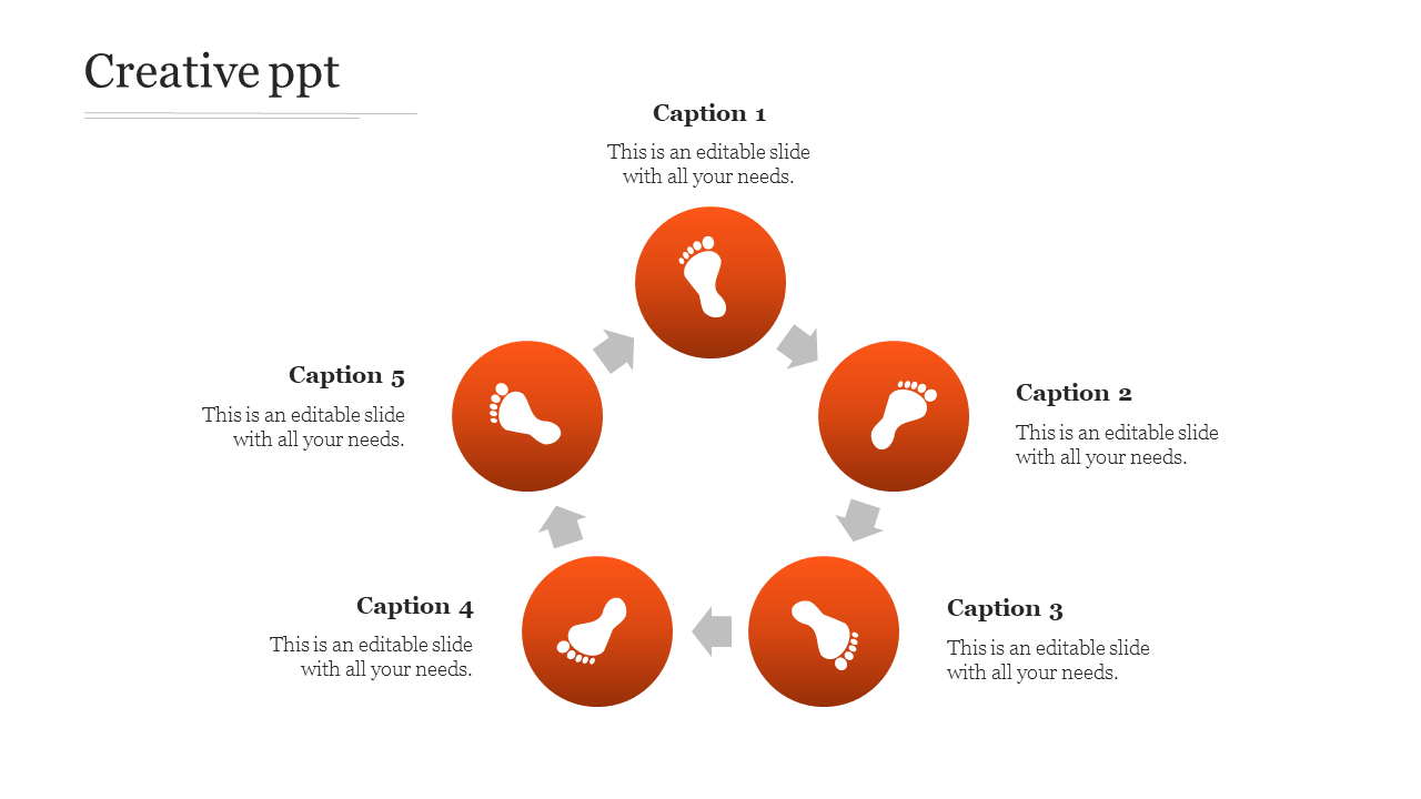 Creative PowerPoint slide featuring five orange circular icons with footprints, connected by arrows, for a sequential flow.
