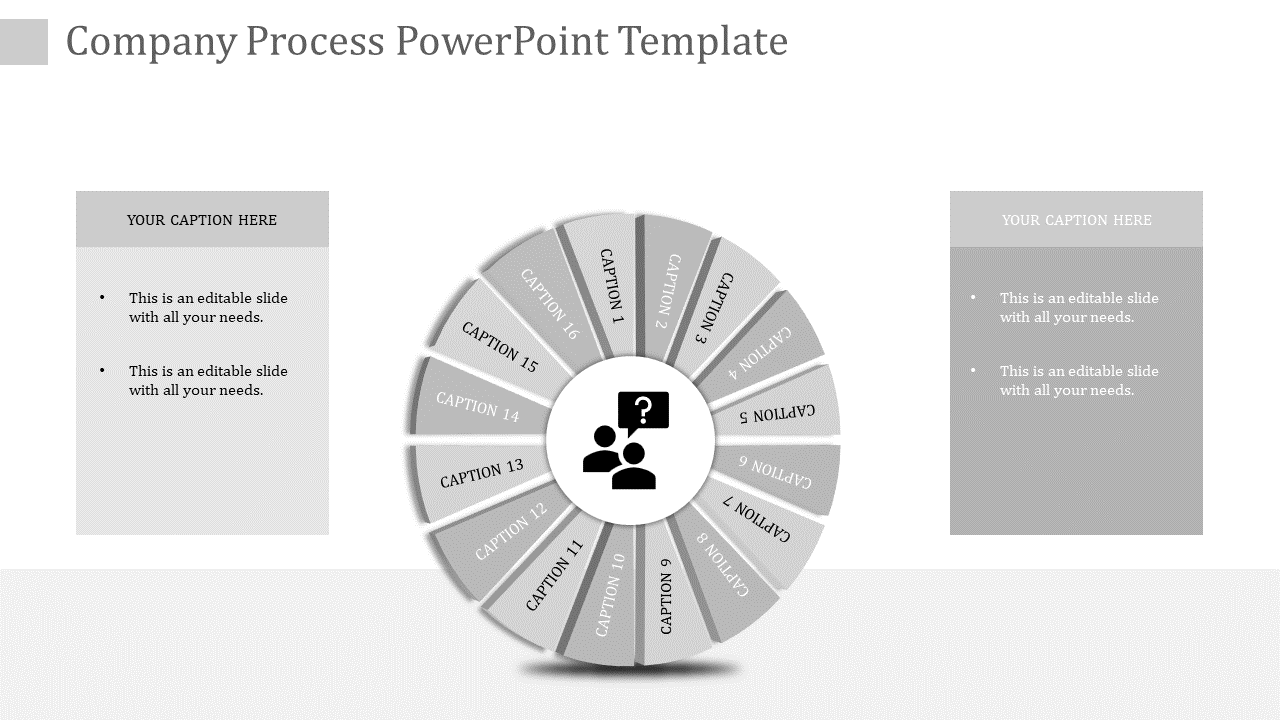 Company process PowerPoint template with a 16 segment wheel and captions.