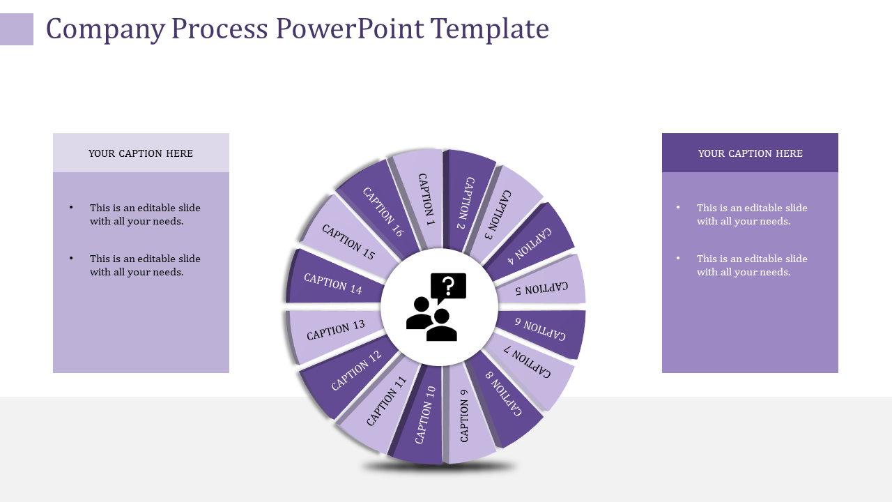 Company process diagram featuring a purple circular chart divided into 16 labeled sections with caption areas.