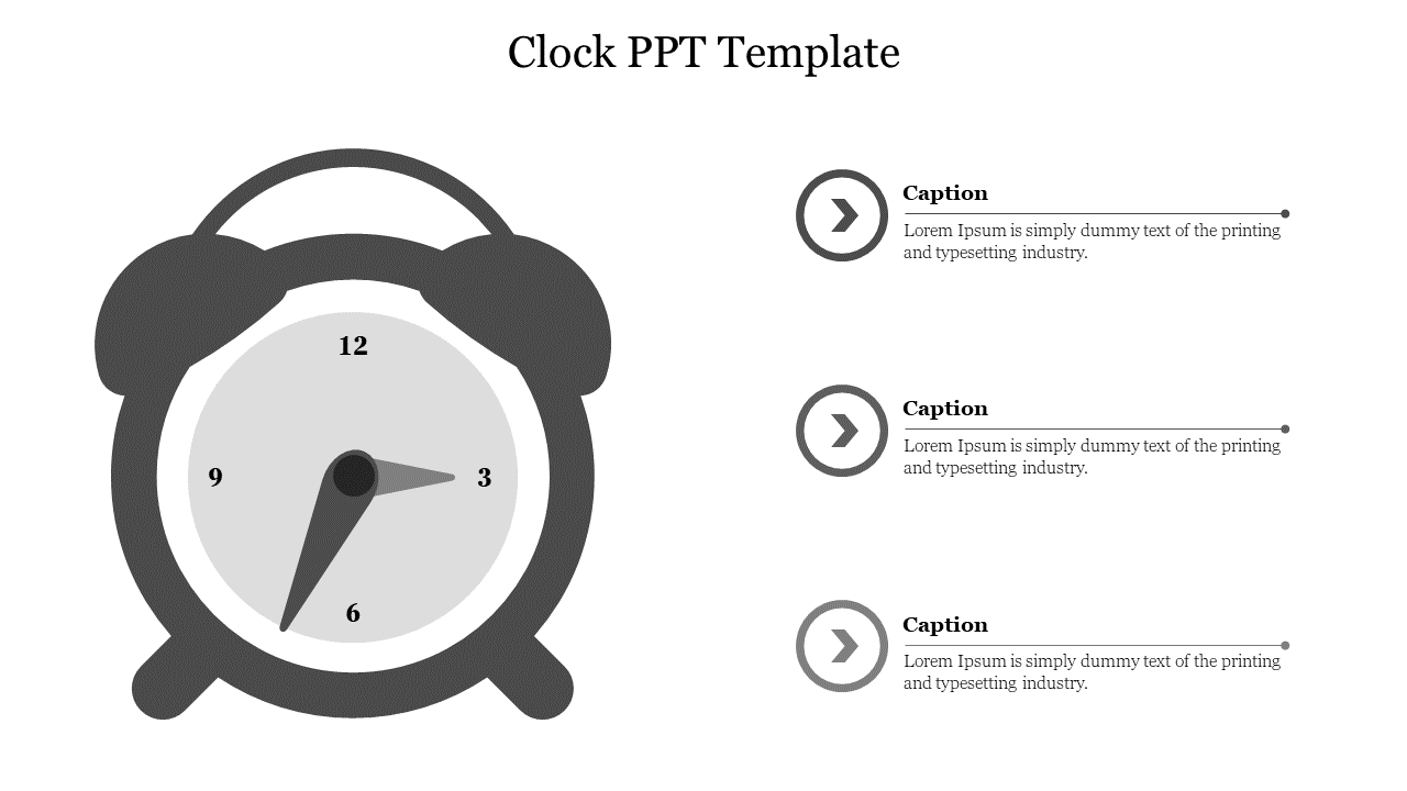 Alarm clock design with a grayscale theme and three caption areas with arrow symbols placed in white background.
