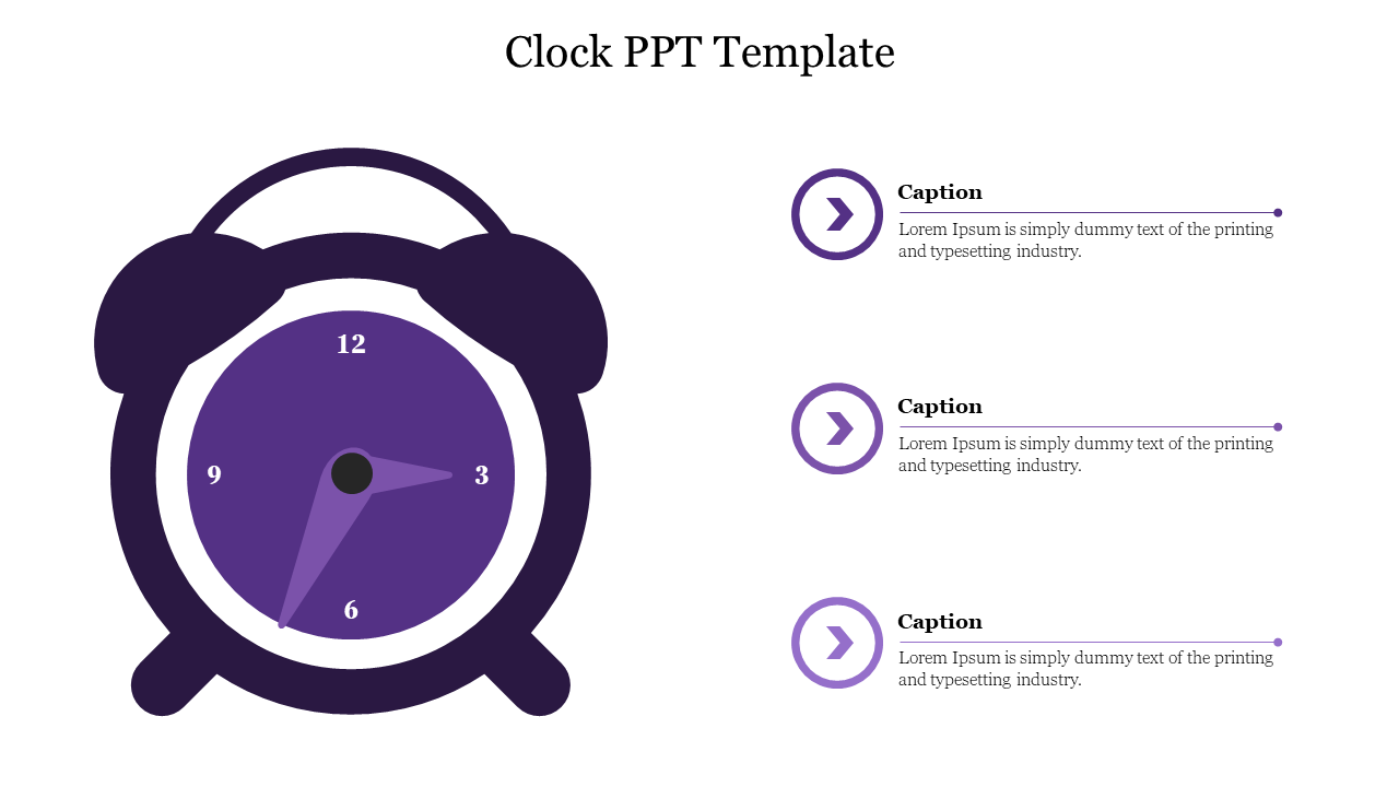 Clock illustration in purple with three captions aligned vertically on the right, connected by lines and arrow icons.