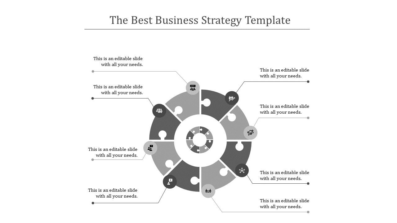 Business strategy slide in grayscale featuring sections for various business topics with icons and placeholder text.