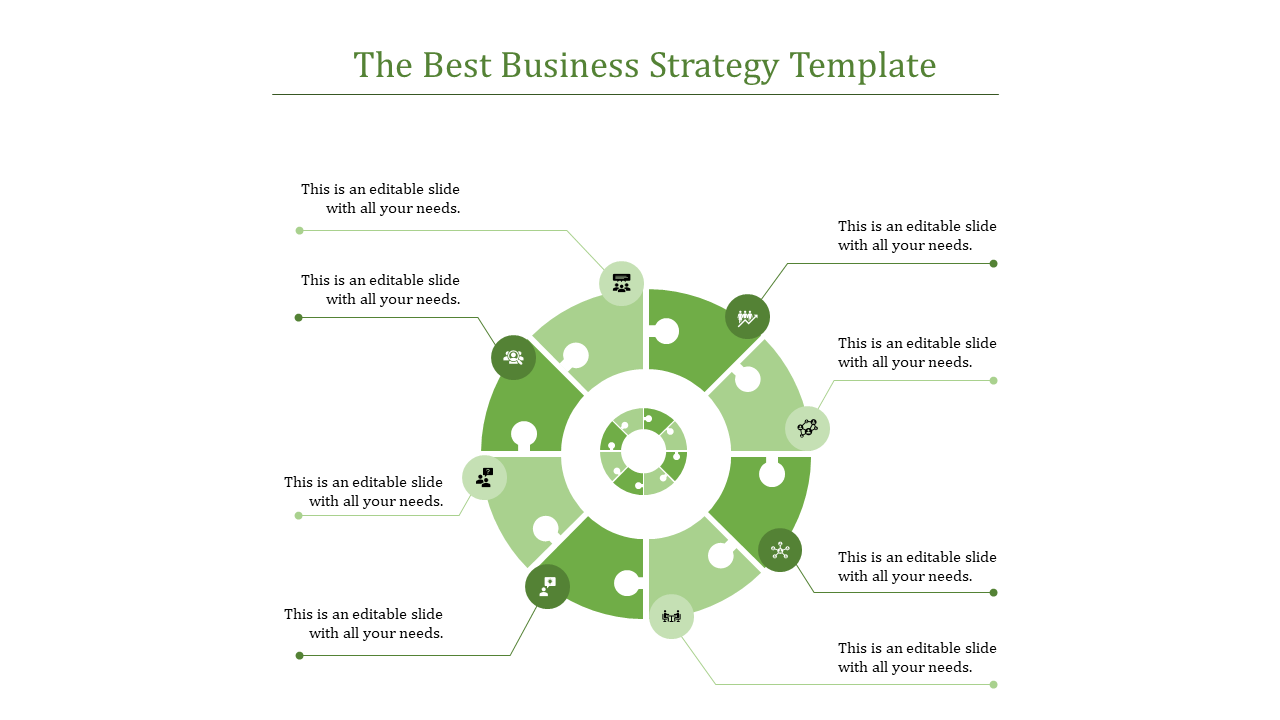 Green business strategy template with circular diagram and captions for various business aspects with captions.