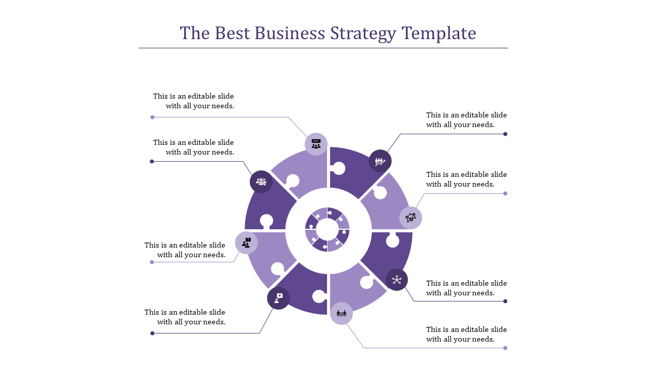 Business strategy diagram featuring a purple circular chart divided into six parts, with icons and caption boxes.