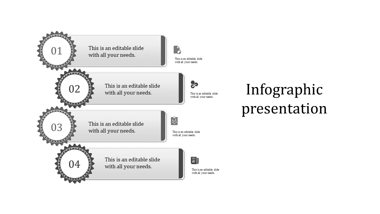 Four-step infographic featuring gray starburst badges, text boxes, and matching icons for each section.